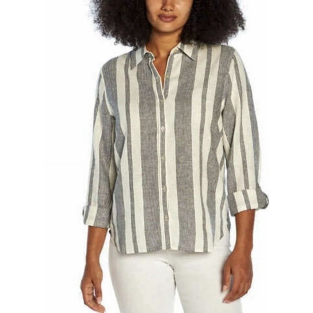 Orvis Long Sleeve Linen Blend Top Island Stripe - Navy/White Womens M NWOT